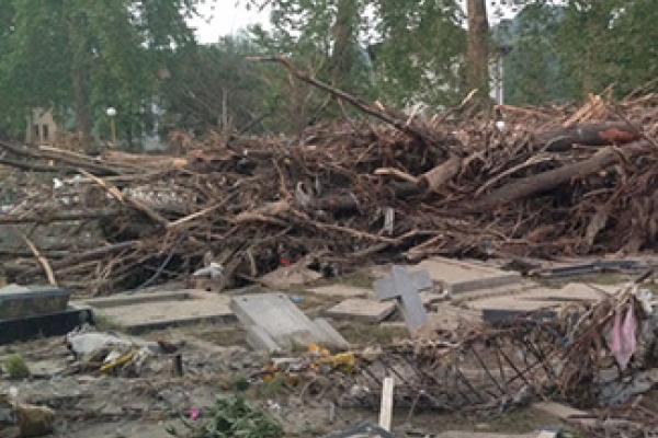 Debris from flood in a pile