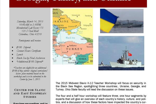 Flyer with map of Black Sea region in background and military ships at sea