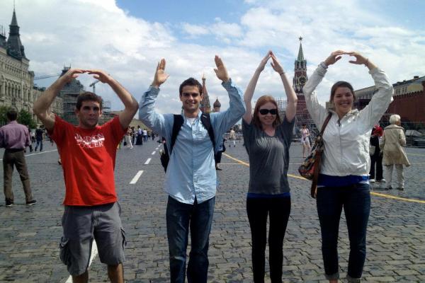 Students on Red Square, Moscow, Russia Four students standing side-by-side forming O-H-I-O