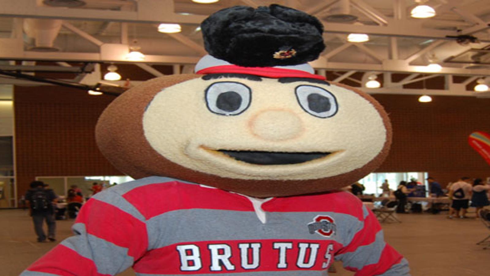 Brutus mascot wearing a Russian fur hat.