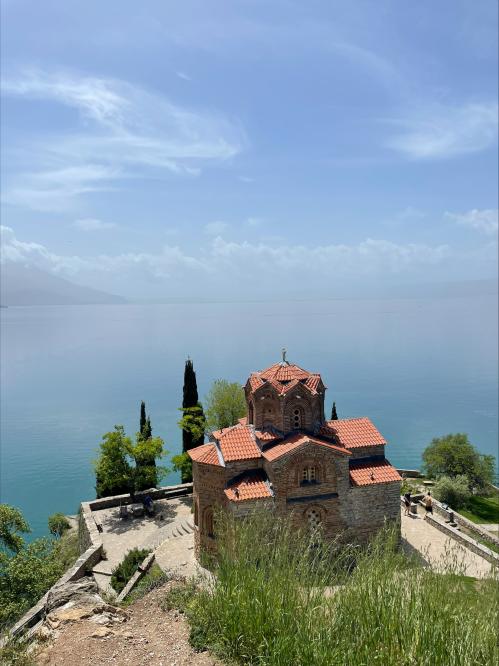 Church overlooking a body of water in North MAcedonia