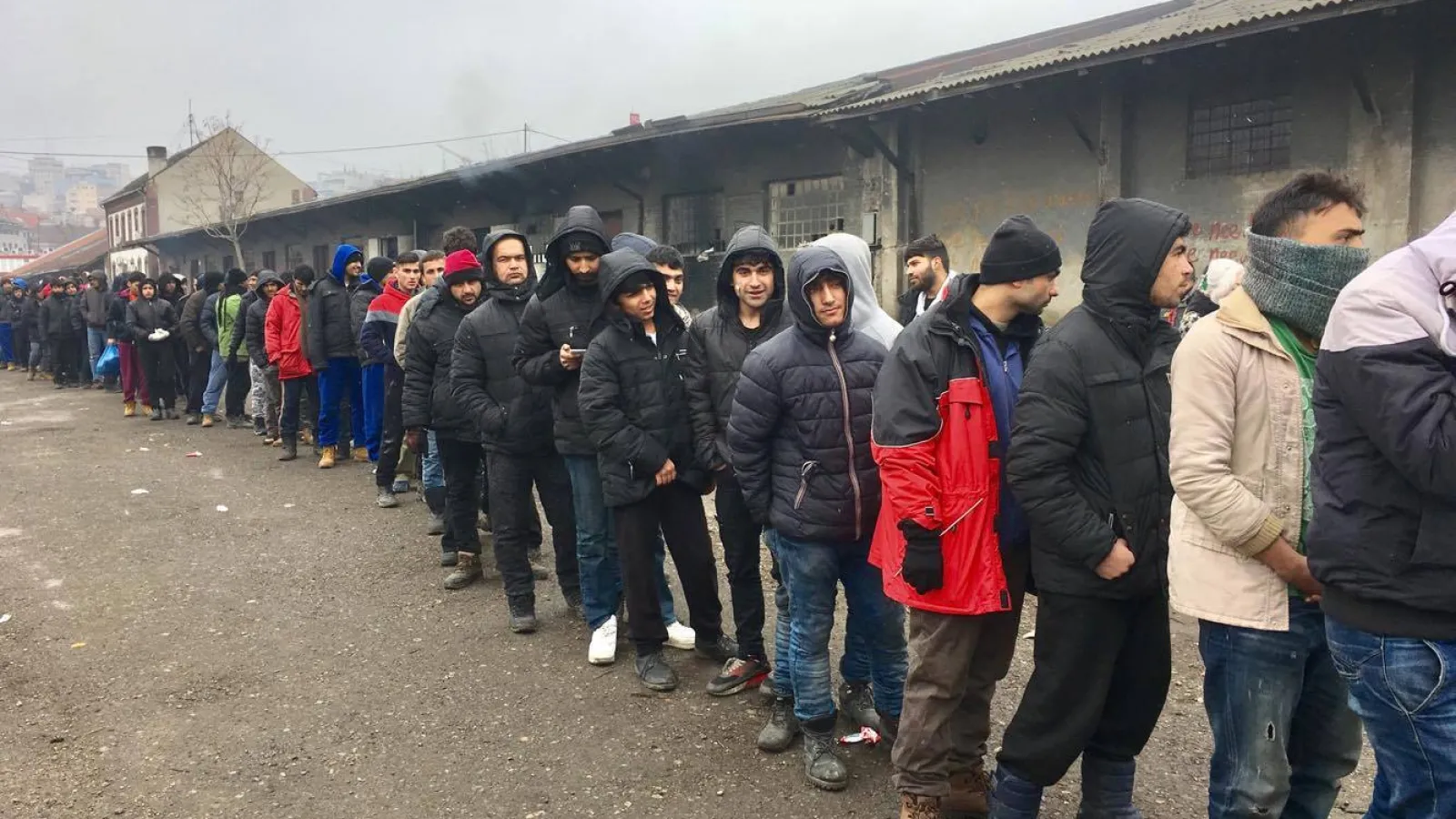 Lunch line at the Belgrade Barracks 