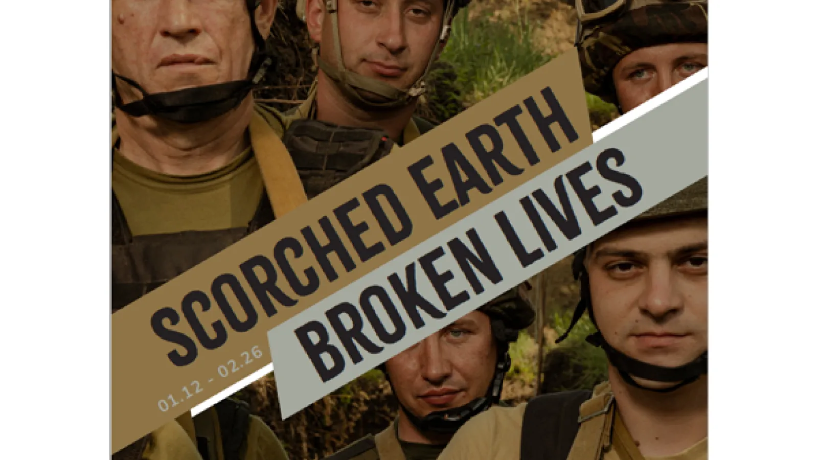 Exhibition flyer showing the faces of five Ukrainian soldiers with the exhibition title .