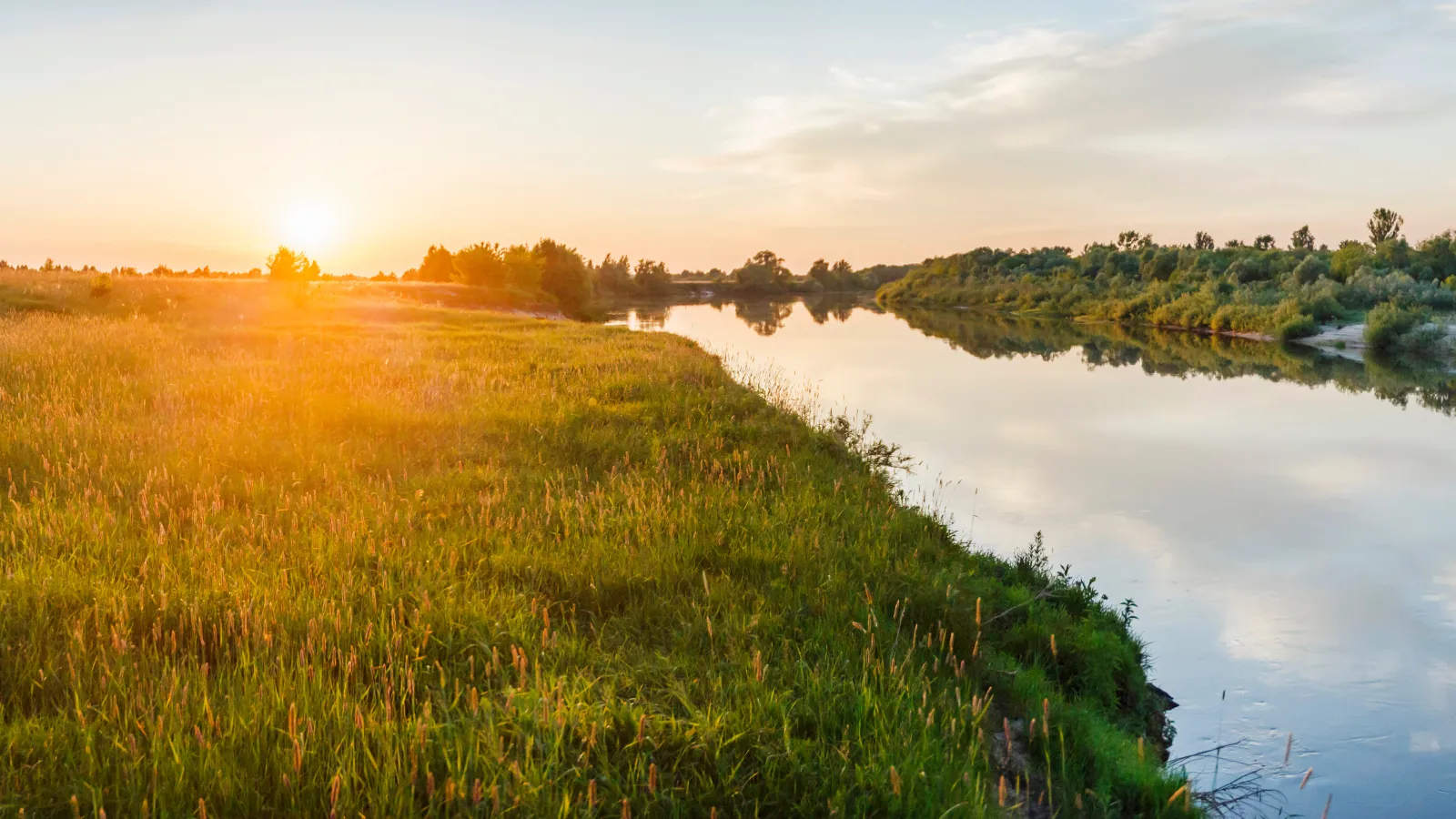 Natural landscape near the river during sunset. Ryazan region village Russia