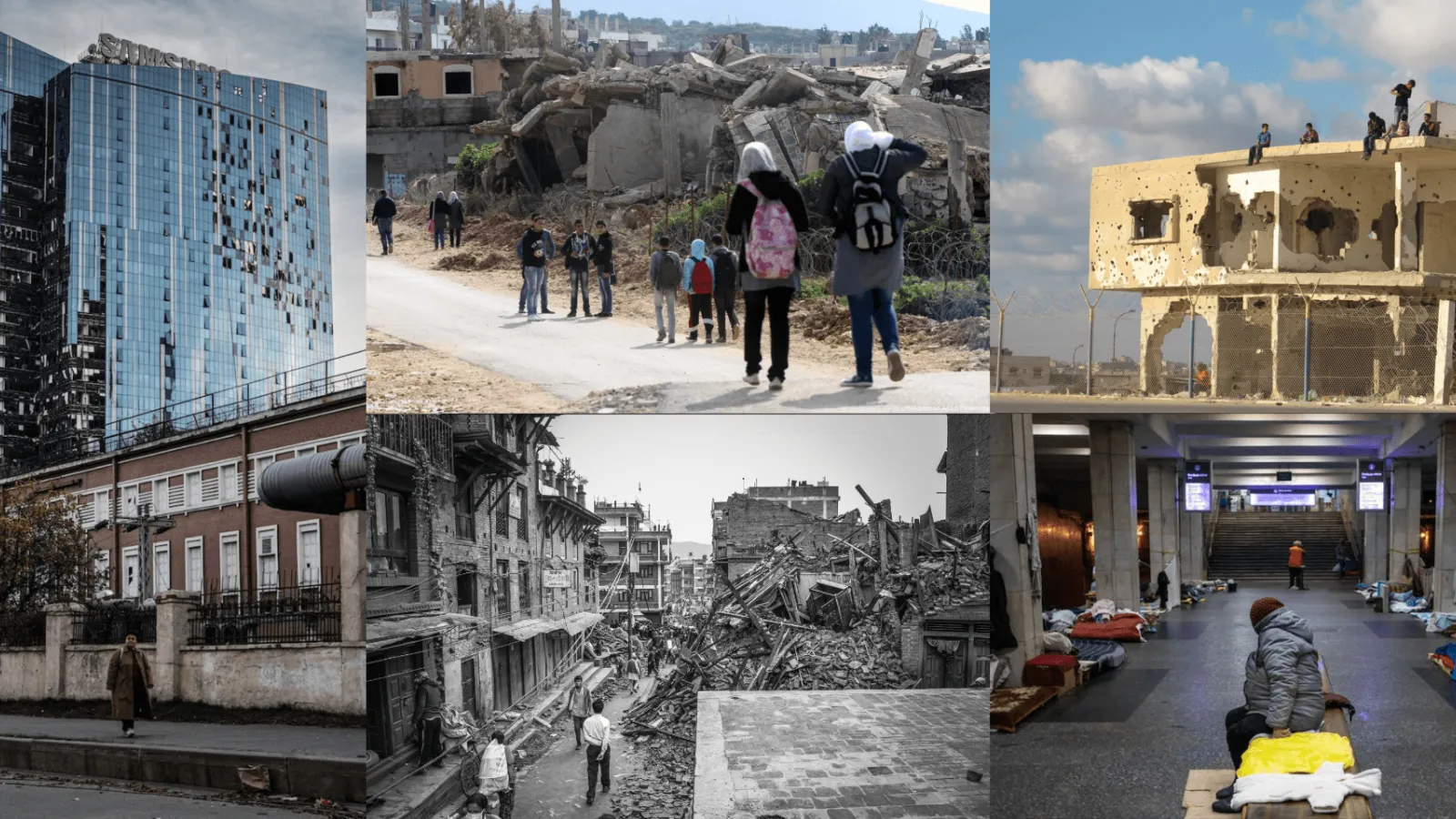 Multiple images depicting various conflicts across the globe