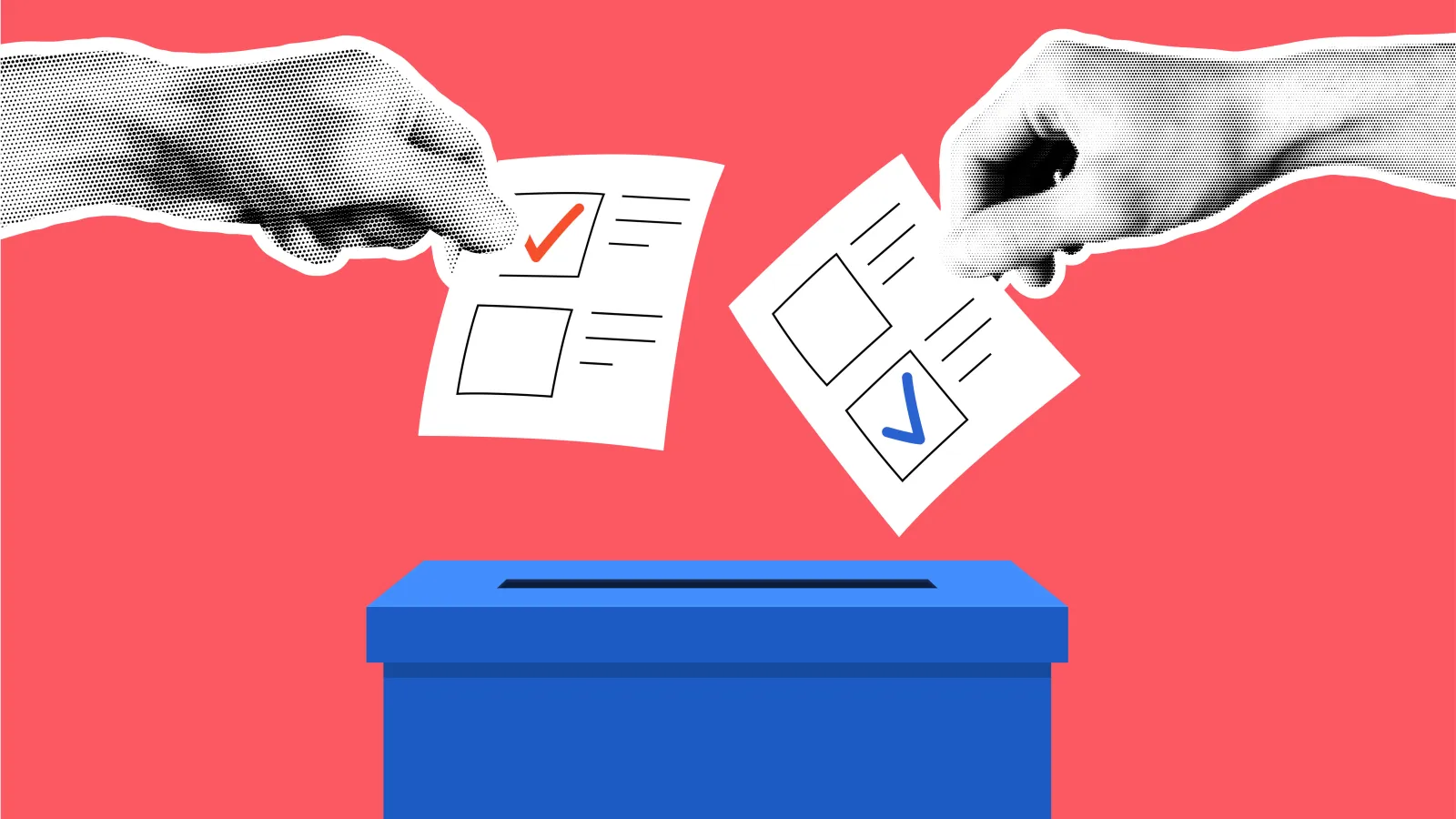 Two hands put voted ballots into a ballot box