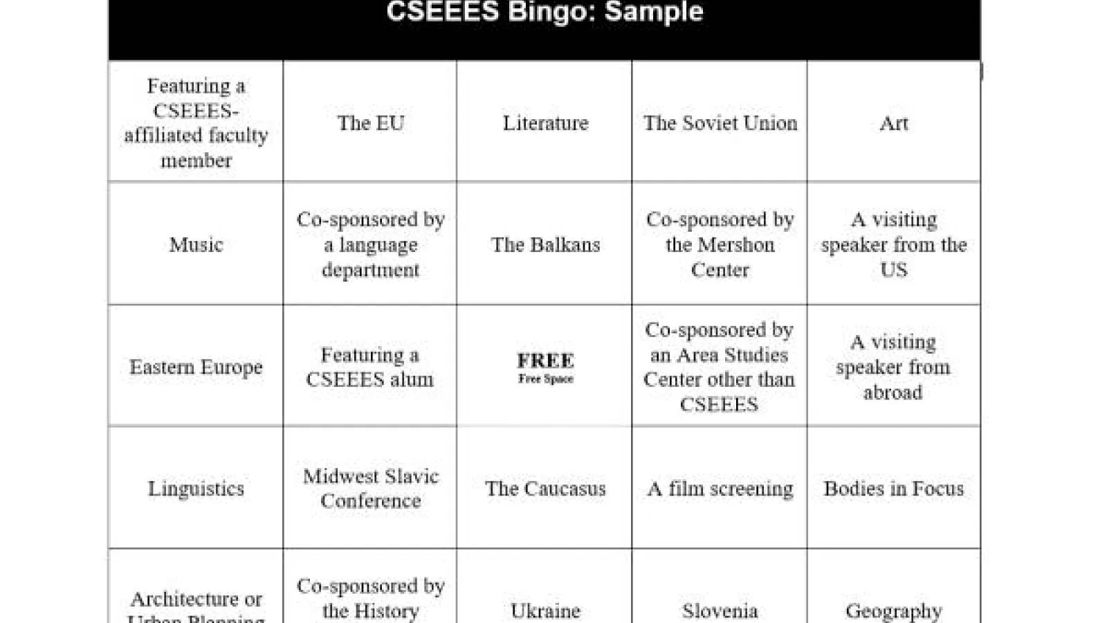 A screenshot of a sample CSEEES bingo card. Details will vary by card. To request your own, email pratt.124@osu.edu
