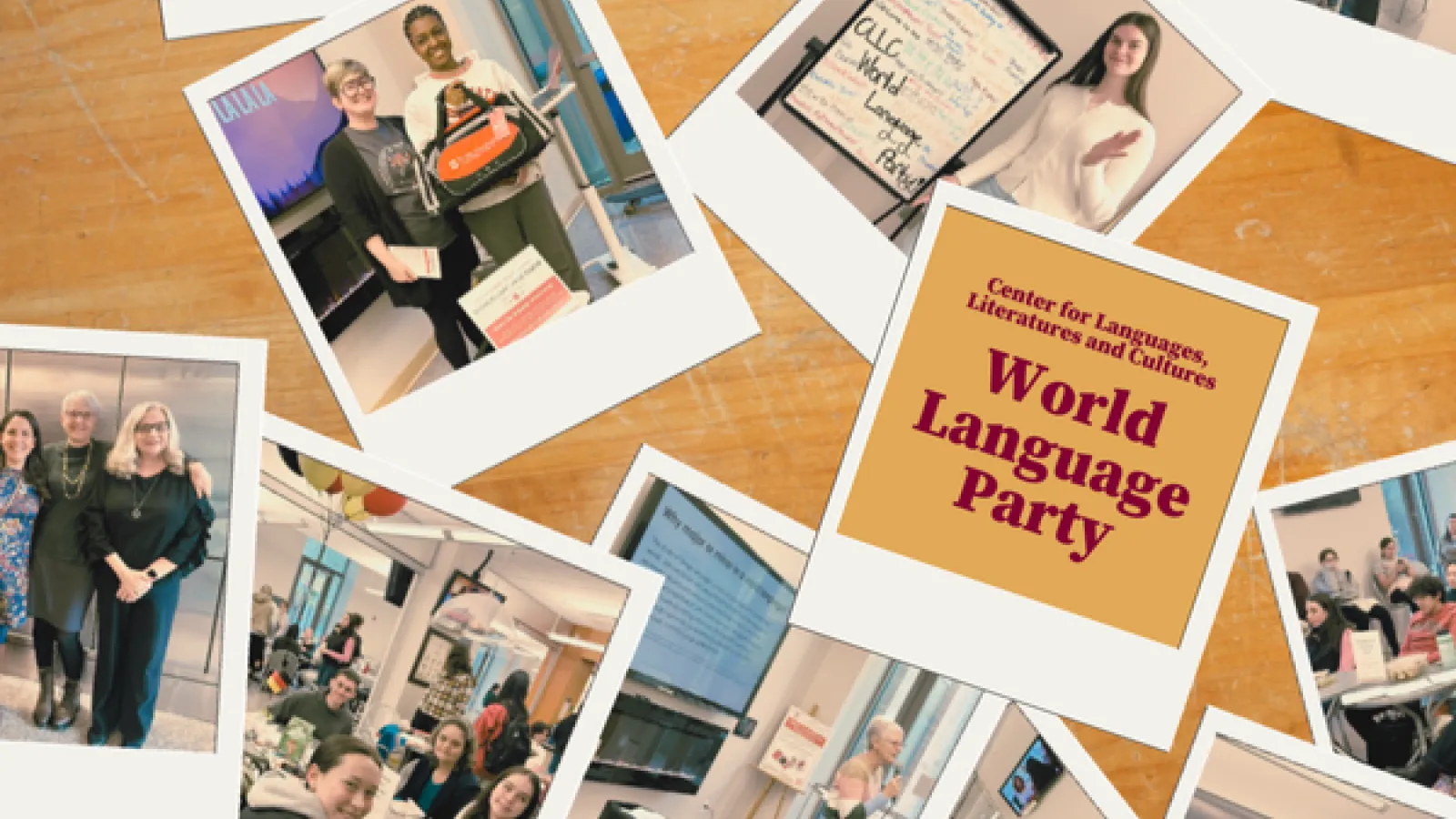 Promotional image showing several polaroid style photos from a previous language day event 