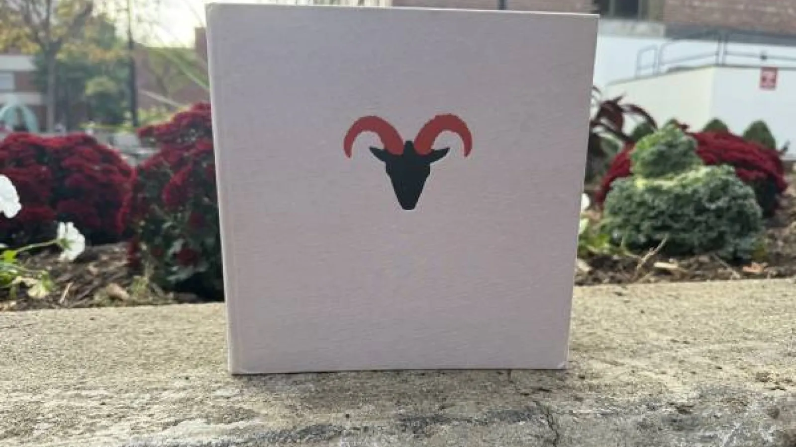 A book with a black and orange ram on a beige background sits on a wall in front of flowers