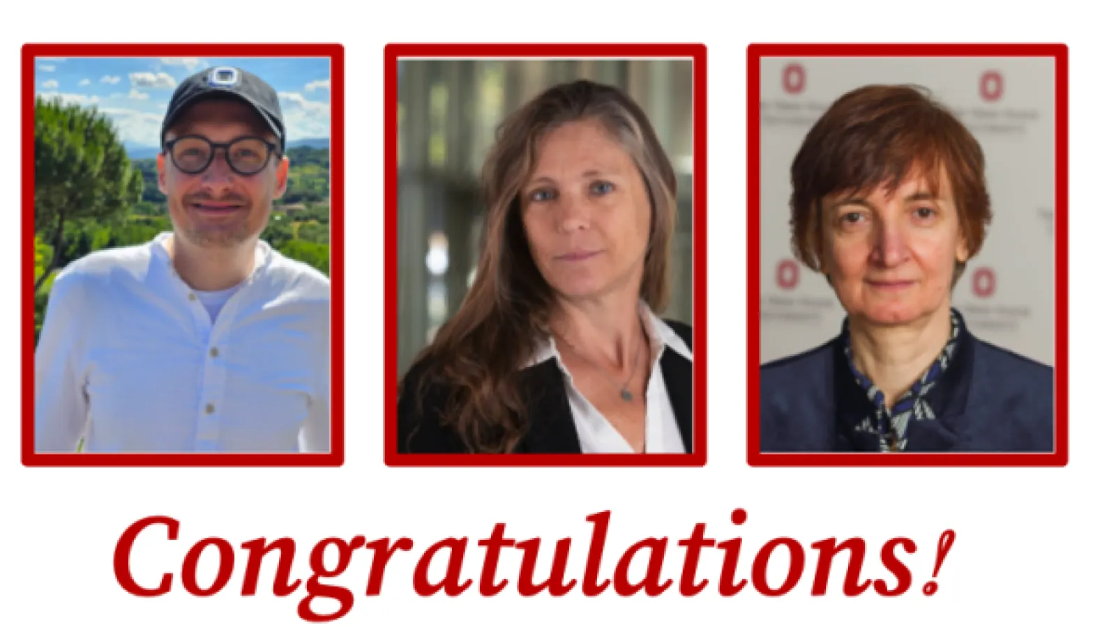 A composite image of Dima Arzyutov, Angela Brintlinger and Yana Hashamova with the text "Congratulations!" below