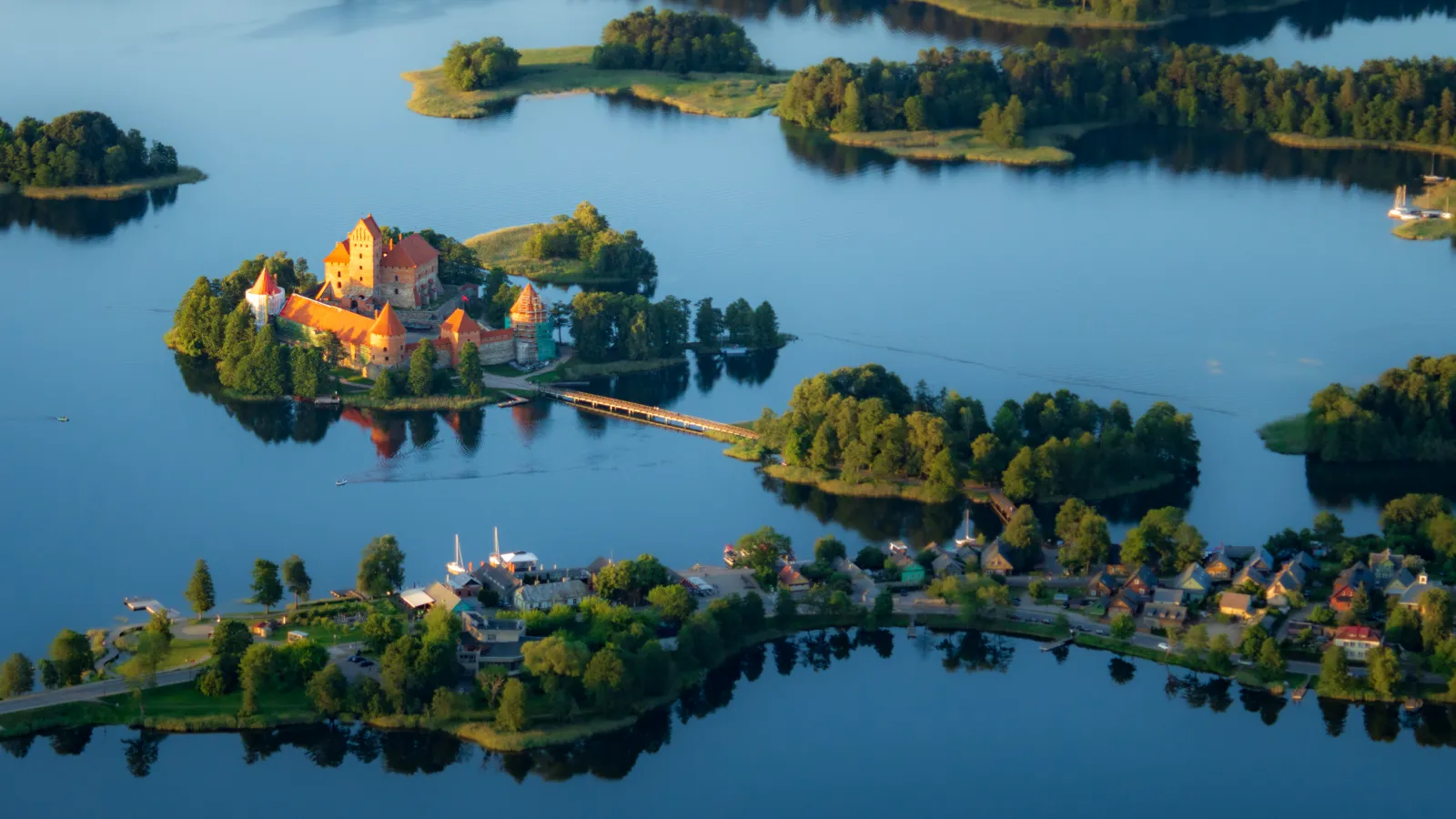 Aerial view of Trakai Island Castle in Trakai, Lithuania