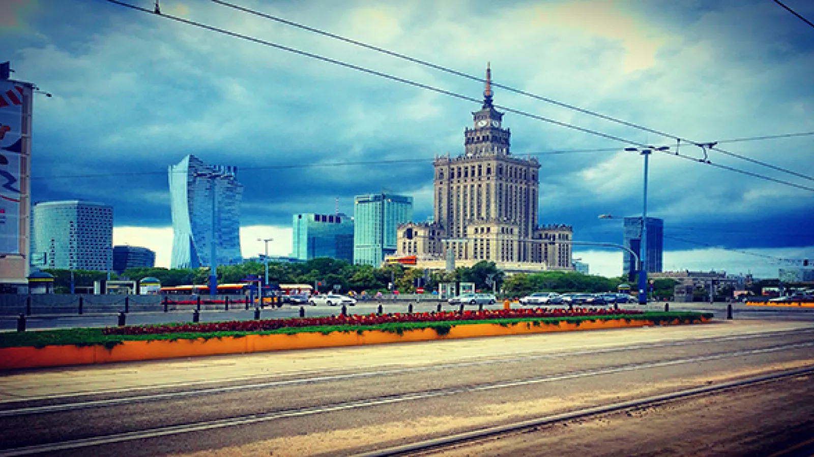 View of city with skyscrappers in background