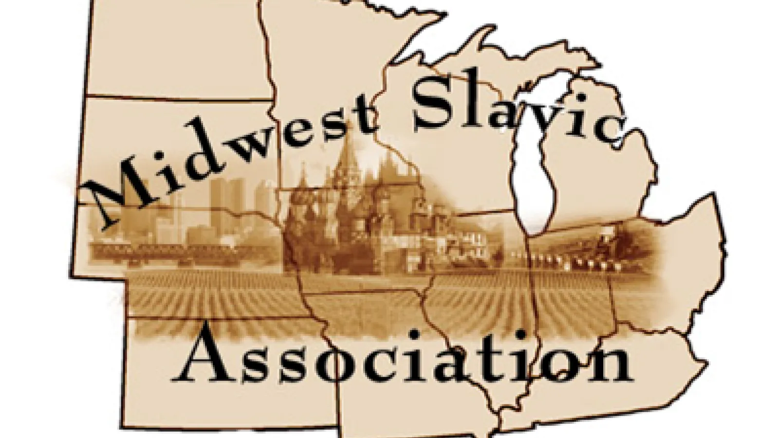 Map of midwest with text "Midwest Slavic Association" on it.