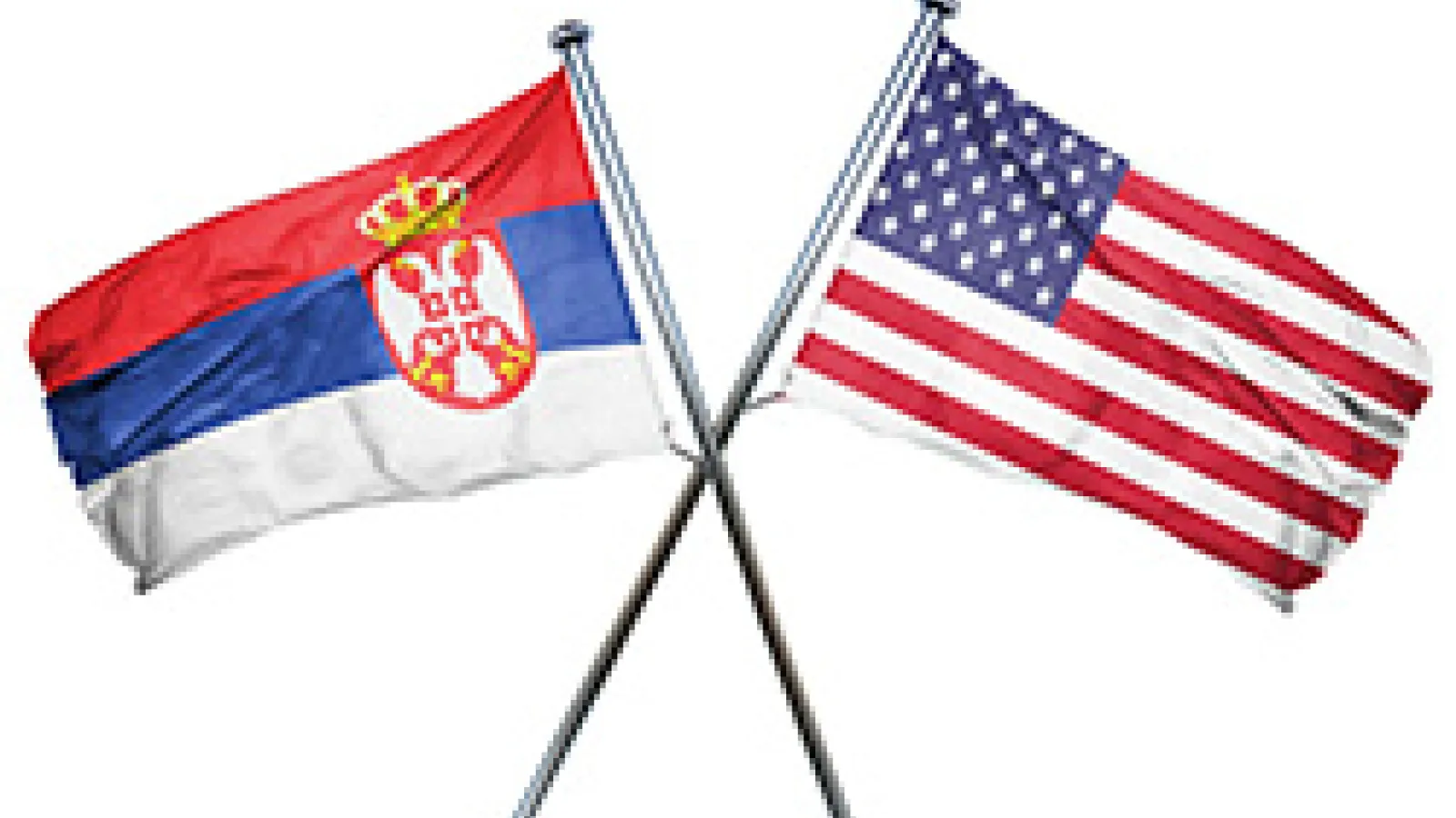 US flag hanging to the right, Serbian flag crossed over hanging to the left