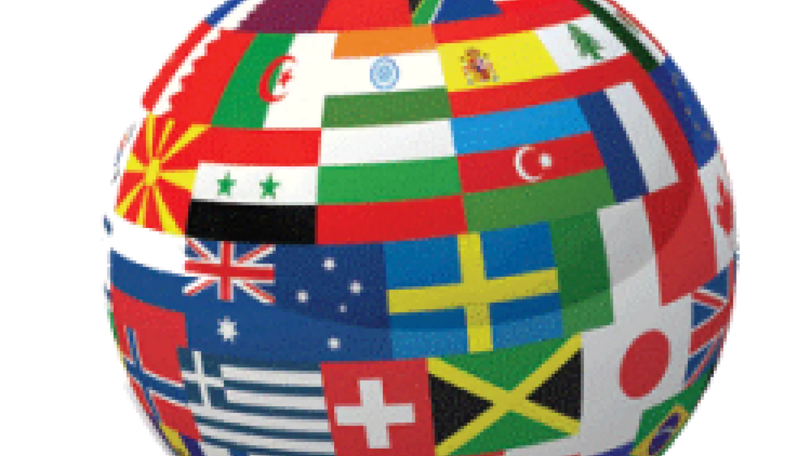 A round globe covered with images of flags of different countries