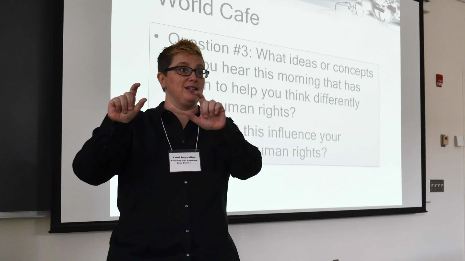 Tami Augustine leading the world cafe activity