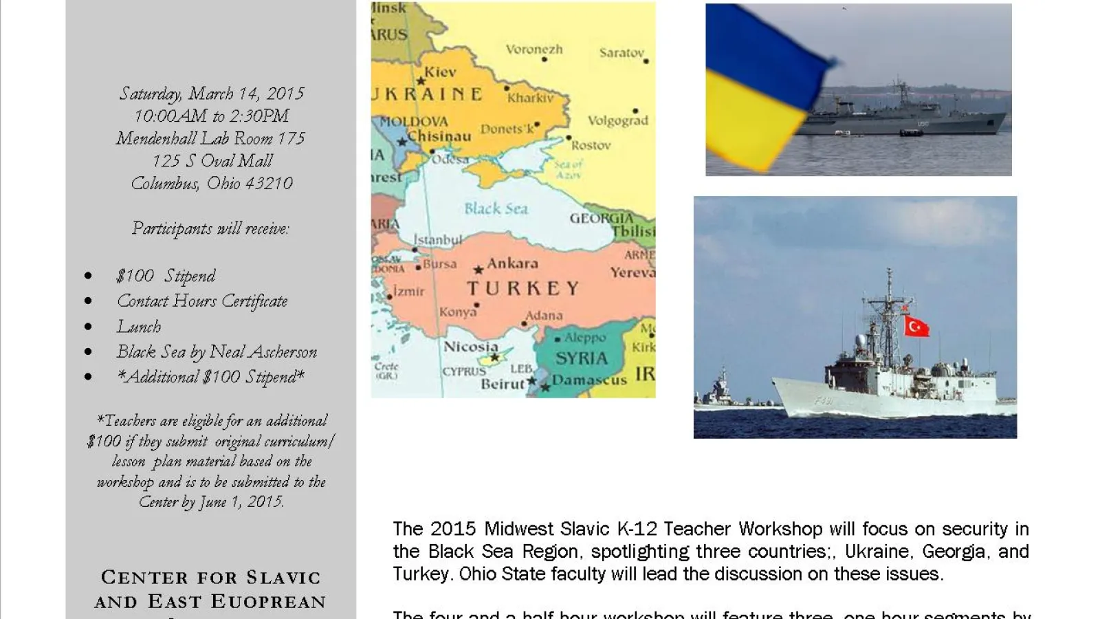Event flyer with Black Sea map in background and picture of military ships at sea
