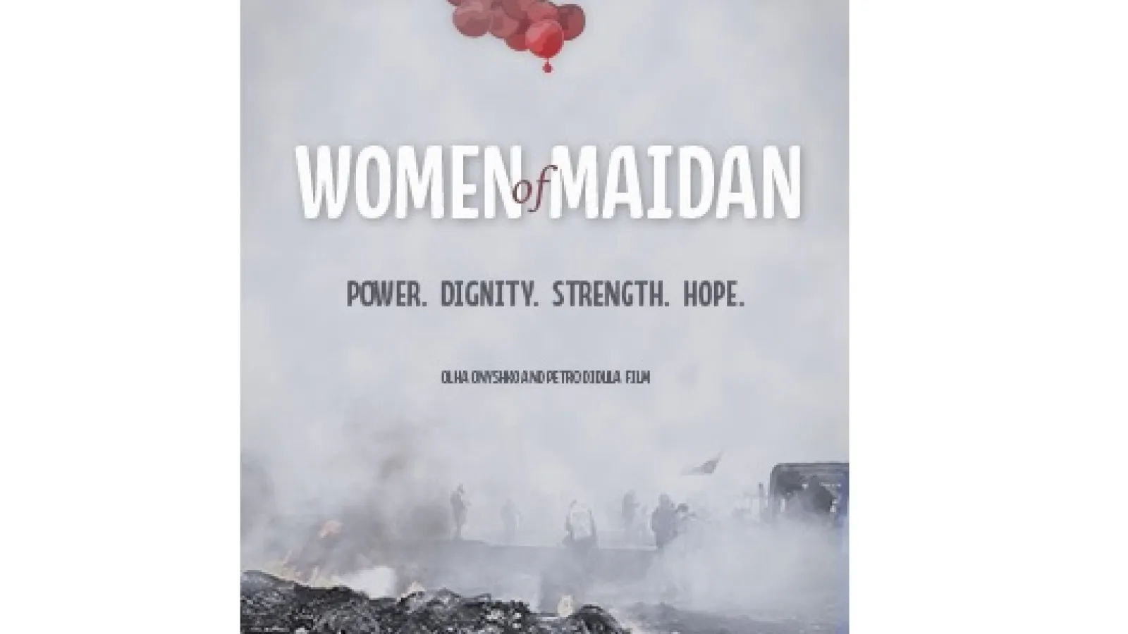Cherry bunch overhanging the text Women of Maidan with grey background