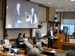 Students performing Act I of Jakub Ruda in an amphitheater style room