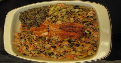 Baked Salmon Village Style Rectangular dish filled with salmon and vegetables