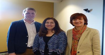 CSEES MA Student Will Bezbatchenko, Dr. Alaina Lemon, and CSEES Director Dr. Yana Hashamova Three people standing shoulder-to-should in corner of room