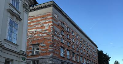 National and University Library of Ljubljana. Photo by M.A. Johnson Rectangular red brick building