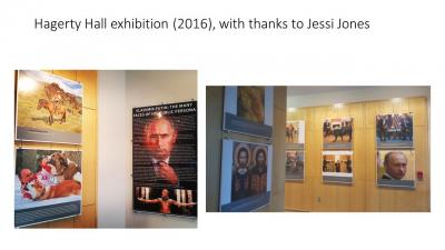 Images of Vladimir Putin Multiple printed photos, all showing Vladimir Putin, framed hanging on walls with text explanations below