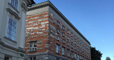 National and University Library of Ljubljana. Photo by M.A. Johnson Rectangular red brick building