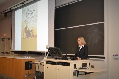 Jill Bystydzienski introducing the keynote speaker, Tara Zahra, at the 2018 Midwest Slavic Conference