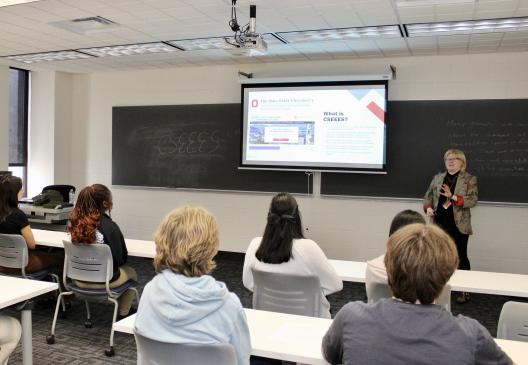 Alicia Baca presenting a global careers lecture at the Columbus Council on World Affairs.