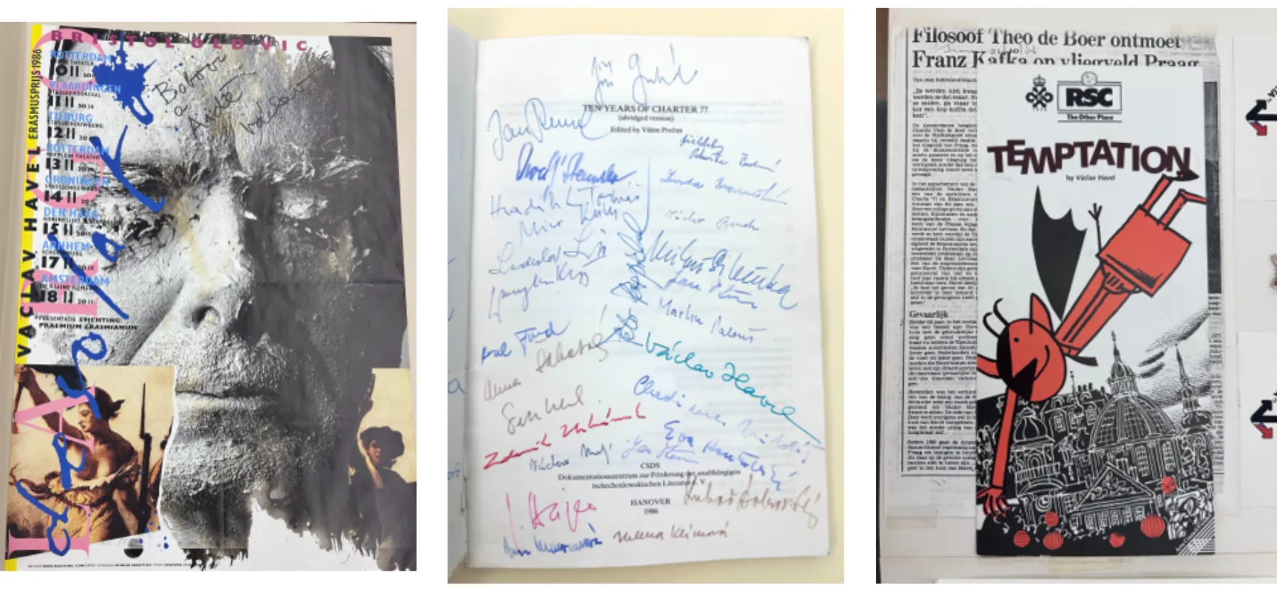 Left to right: Poster Commemorating Havel’s Erasmus Prize; “Ten Years of Charter 77”; Brochure of Play “Temptation” by Havel