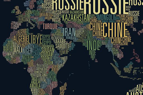 Typographic map of African, Asian, and European Continents