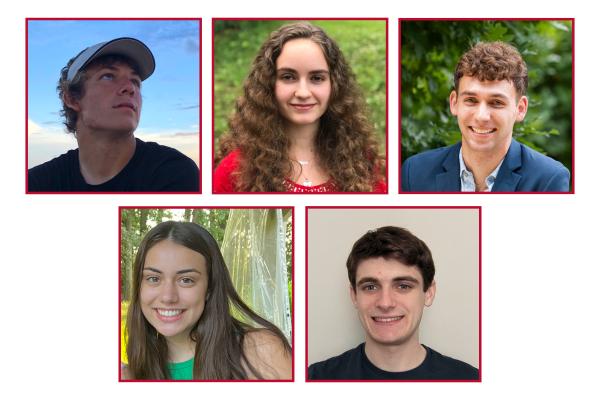 Portraits of Summer 2023 FLAS awardees. Top row, left to right: Julian Smith, Margot Hare, and Larkin Cleland. Bottom row, left to right: Ella Meyer and Joshua Silver