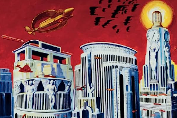 Cover of Yevgeny Zamyatin's We depicting chrome futuristic buildings and flying ships