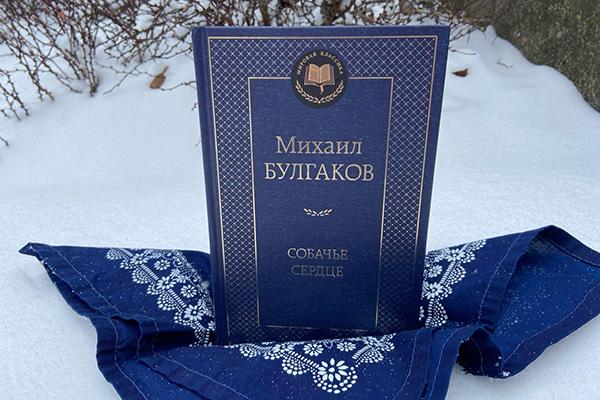 A copy of Heart of a Dog by Mikhail Bulgakov in Russian displayed in a snowy scene
