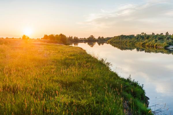 Natural landscape near the river during sunset. Ryazan region village Russia