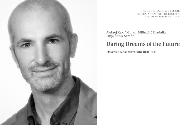 Headshot of Miha Zobec with the cover of Daring Dreams of the Future