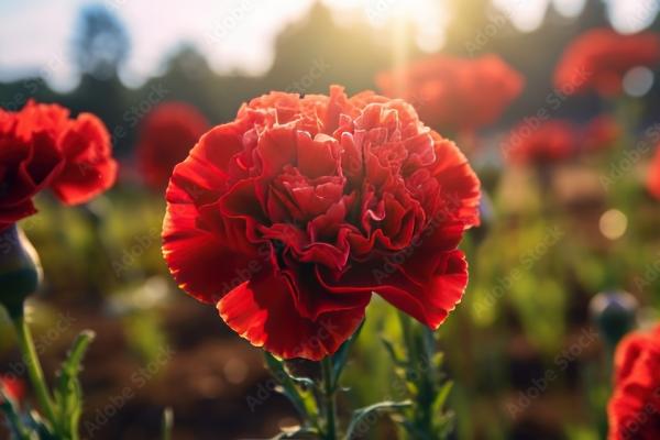 Red carnations in a field