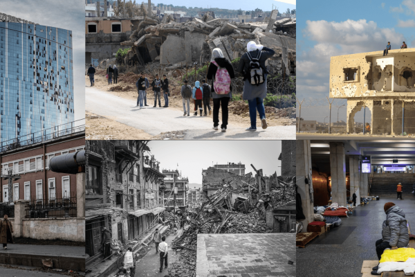 Multiple images depicting various conflicts across the globe