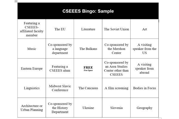 A screenshot of a sample CSEEES bingo card. Details will vary by card. To request your own, email pratt.124@osu.edu