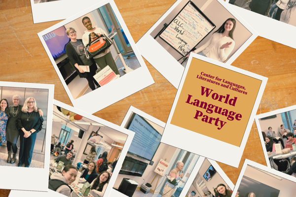 Promotional image showing several polaroid style photos from a previous language day event 