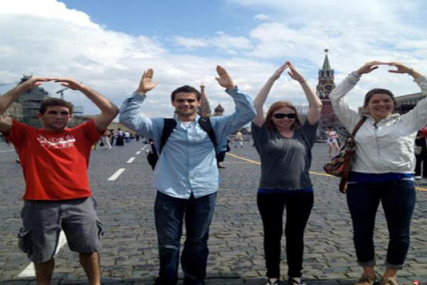 Students in Moscow, Russia Four students standing side by side forming O-H-I-O