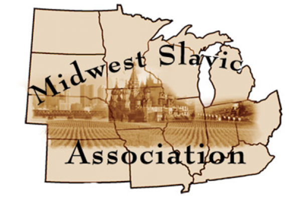Map of midwest with text "Midwest Slavic Association" on it.