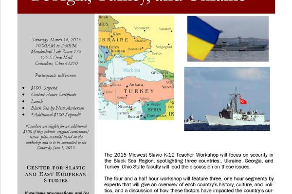 Flyer with map of Black Sea region in background and military ships at sea