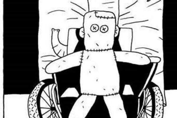 Black and white sketch of a stuffed doll sitting in a wheelchair