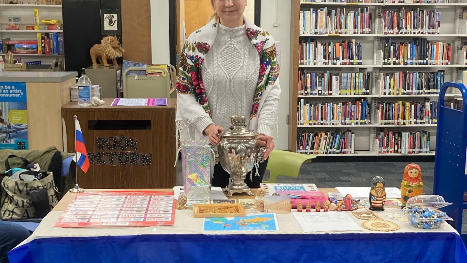Helen Myers at the Russian language table at the CIHS Language Day